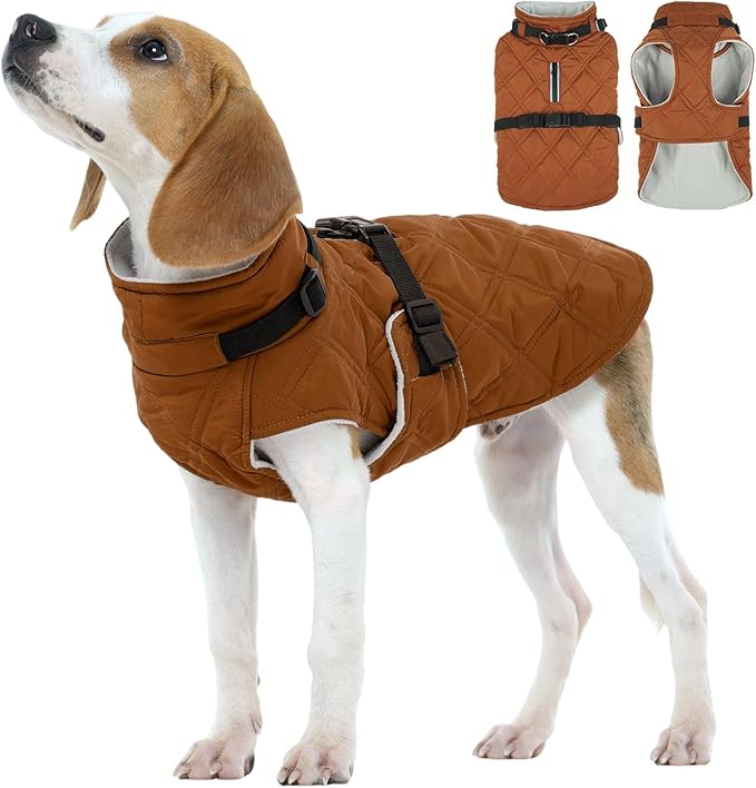 Kuoser Dog Coat Warm Fleece Lining Turtleneck Dog Jacket with Harness Built-in, Adjustable Windproof Cold Weather Coats with Quick Release Buckle Pet Winter Snowsuit for Medium Large Dogs, Khaki L