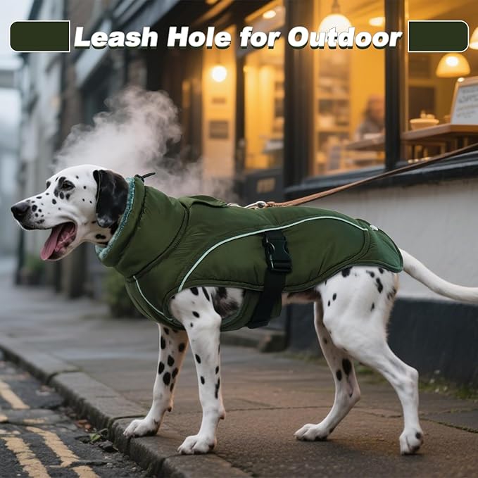 DENTRUN Winter Warm Dog Coat Reflective Jacket with Turtleneck for Cold Weather, Adjustable Buckle Windproof Water Repellent, Thick Snowsuit Fleece Vest for Small, Medium, Large Dogs, Green, M