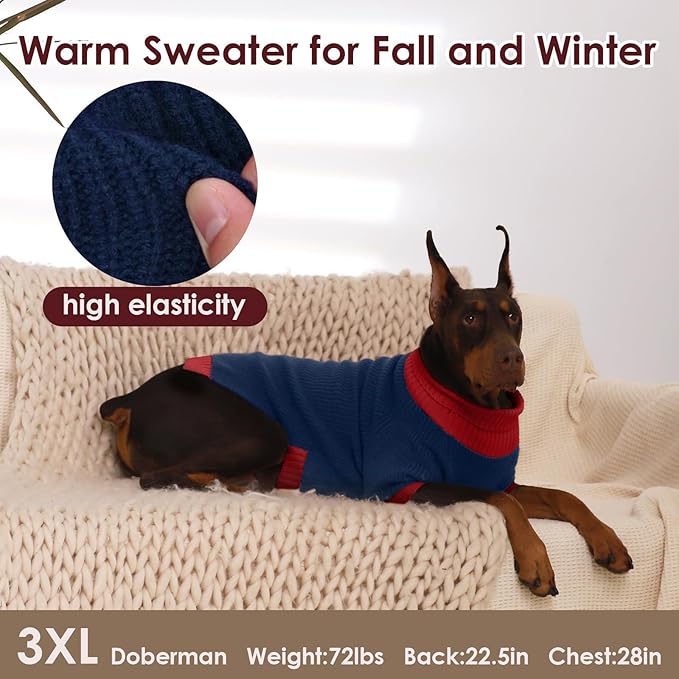 XXL Dog Sweater, Leash Hole & Turtleneck Knit Sweater, Warm Winter Sweaters for Large Dogs Girl Boy, Thick Christmas Pet Sweaters for Pitbulls Boxer Labrador, NavyBlue 2XL