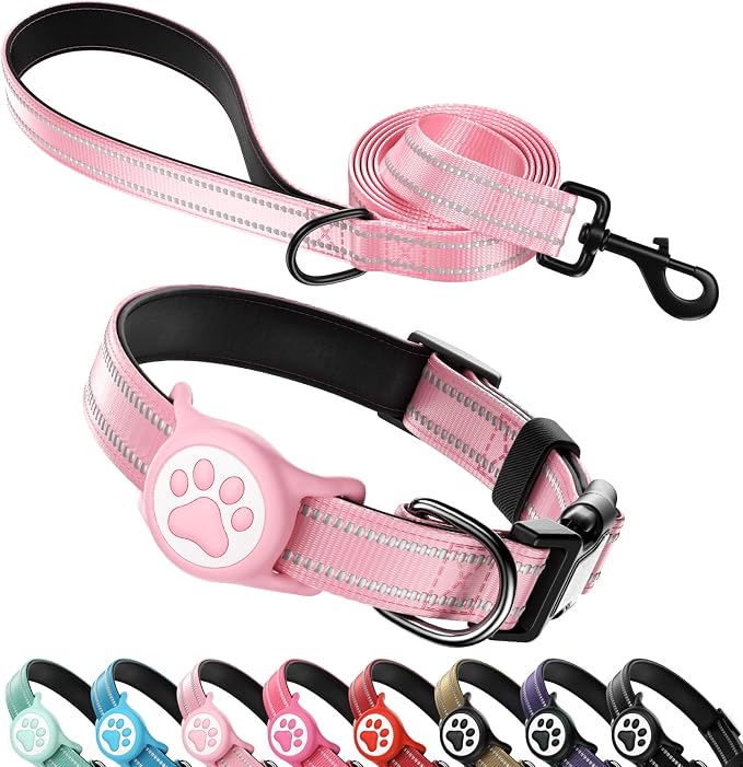 Airtag Dog Collar and Leash Set,Reflective Ultra-Durable Nylon Padded with QR Buckle & IP68 Waterproof Air Tag Holder Compatible for Apple AirTag, Comfortable for Small Medium Large Dogs (Pink Set,L)