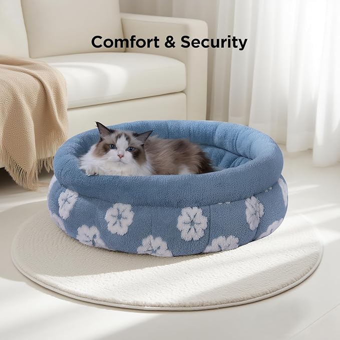 BALANCE Cat Beds for Indoor Cats, Washable Round Cat Bed, Cute 3D Flower Kitten Bed with Anti-Slip Bottom for Puppy and Kitten, 23 Inches, Blue