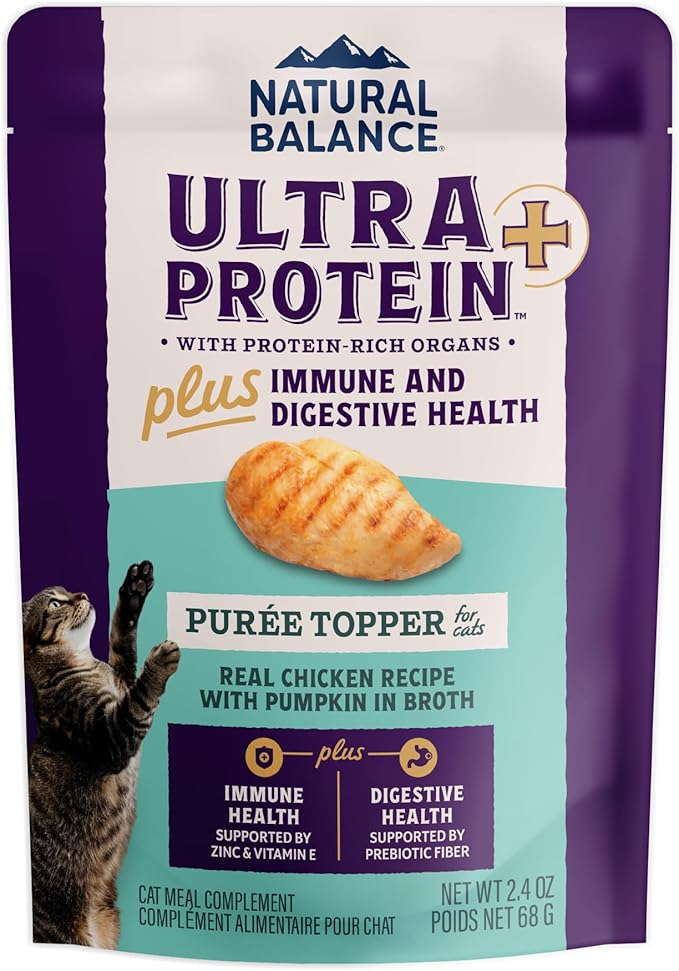 Natural Balance Ultra Protein Plus Wet Cat Food, Immune & Digestive Health Real Chicken with Pumpkin Puree Topper with Chicken Liver & Chicken Heart, High Protein Cat Food - 2.4 oz. (Pack of 24)