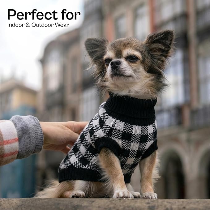 Parisian Pet Dog Sweaters - Cable Knit Dog Christmas Outfit - Fall, Winter Pet Clothes - Christmas Sweater for Large Dogs - Pullover Turtleneck White and Black Checkered Puppy Outfits - 2XL