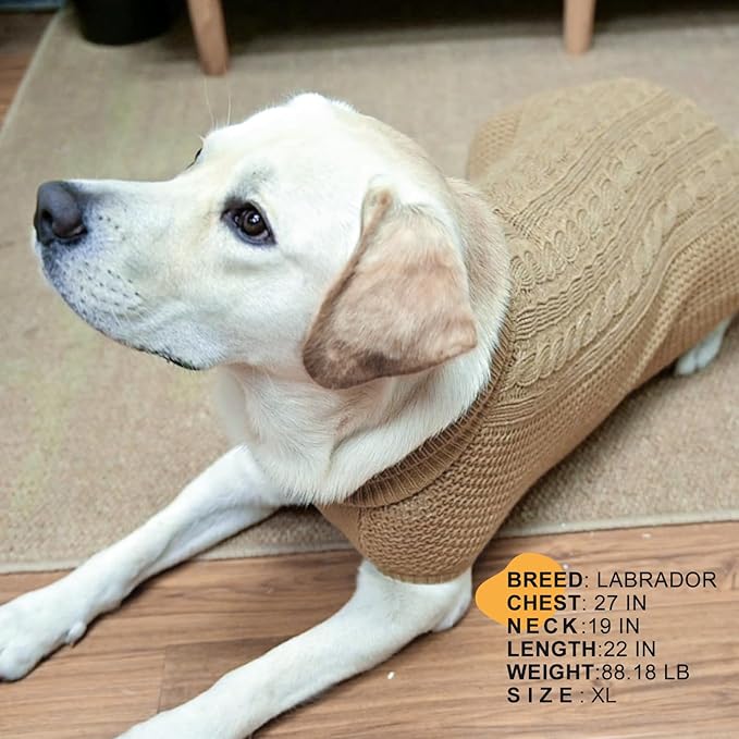 XXL Dog Sweater, Classic Cable Knit Warm Dog Sweatshirt with Reflective Yarn for Girl Boy, Halloween Fall Winter Coat Turtleneck Pullover Clothes Apparel for Small Medium Large Dogs, Khaki XXL