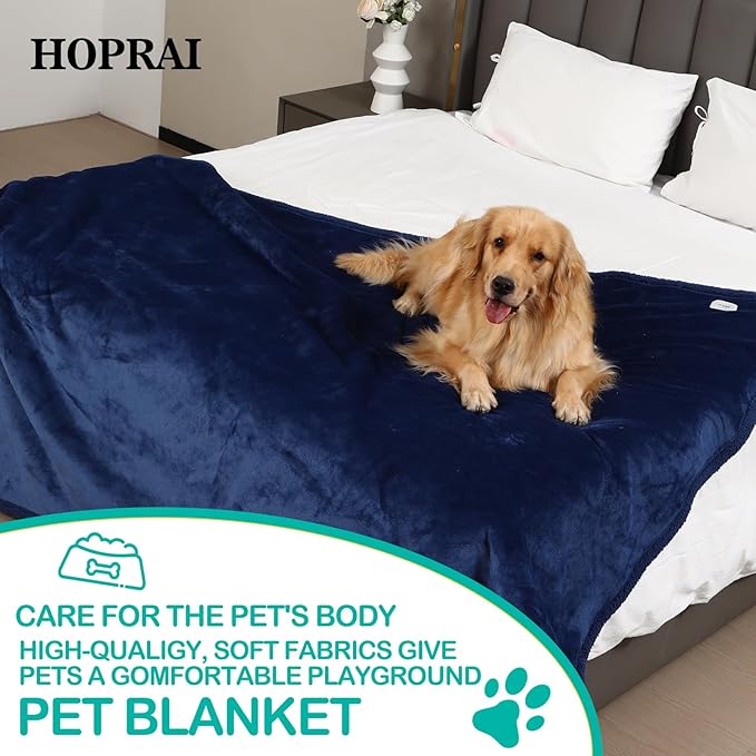 HOPRAI Waterproof Pet Blanket for Medium Large Dogs Washable Fluffy Thick Jacquard Shag Fleece Warm Sherpa Pet Blanket Cats Puppy Couch Protection (Navy Blue XL57*85inches)