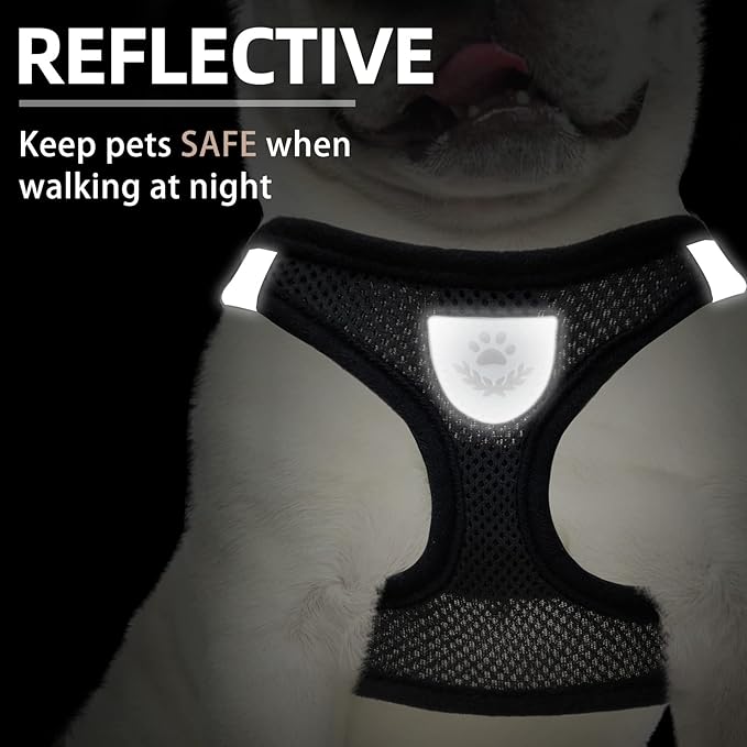 PUPTECK Adjustable Dog Harness Collar and Leash Set Step in No Pull Pet Harness for Small Medium Dogs Puppy and Cats Outdoor Walking Running, Soft Mesh Padded Reflective Vest Harnesses, Solid Black M