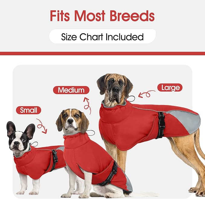 Dog Coat for Small to Large Dogs – Water Resistant Jacket with Soft Fleece Lining, Adjustable Fit and Reflective Trim Red XXL