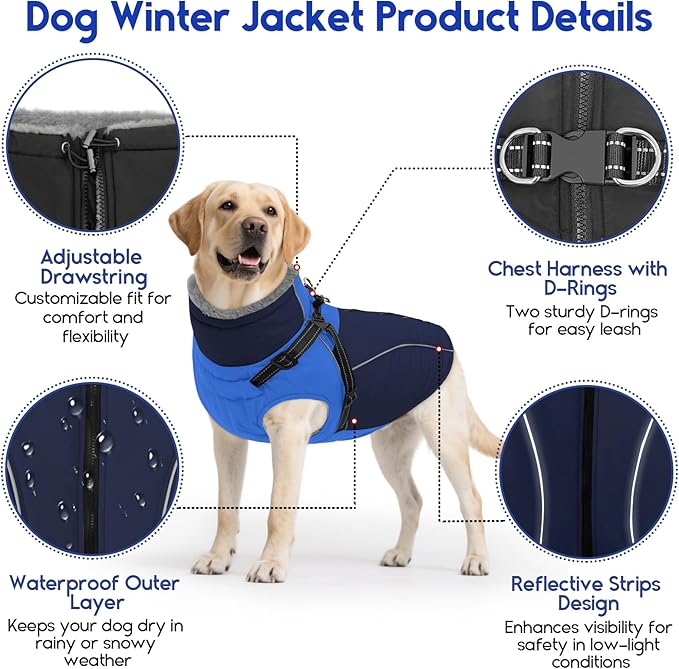 ASENKU Reflective Dog Coat with Built-in Harness, Windproof Fleece-Lined Dog Jacket for Small, Medium, Large Dogs, Warm Winter Vest with Turtleneck & Zipper (Navyblue XS)