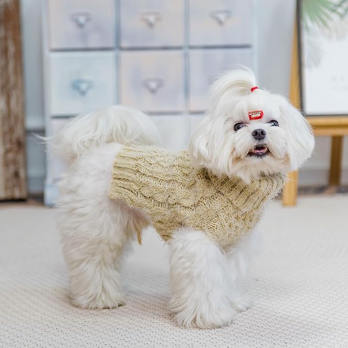 Turtleneck Small Dog Sweaters - Classic Cable Knitwear Winter Coat for Small Medium Dogs Male Female Puppy Dog Cold Weather Clothes Girls Boys, Cream, S