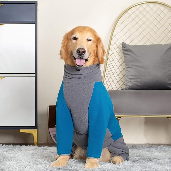 Dog Winter Coat for Large Medium Small Dogs, Warm Fleece High Collar Full Body Dog Jumpsuit Comfortable Onesie Apparel (Blue, 2X-Large)