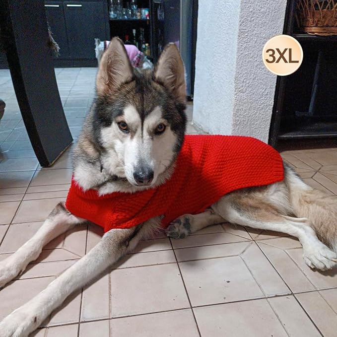 KYEESE Dog Sweater for Large Dogs with Leash Hole Warm Pullover with Reflective Yarn Male Thick Stretchy Knitwear Winter Soft Pet Coat boy Cold Weather Comfy Dog Sweaters,Red,XXX-Large