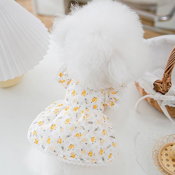 Dog Dress Soft Breathable Puppy Dresses Elegant Princess Lace Floral Pet Dress with Sunflower for Small Dog
