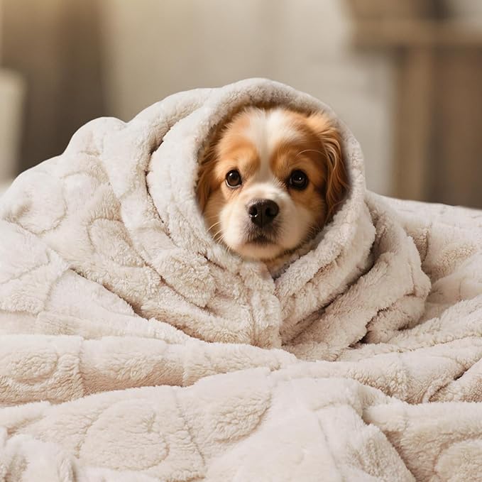 Luciphia Waterproof Dog Blanket for Small Medium Dogs Washable Couch Protector Soft Fluffy 3D Heart Jacquard Puppy Cat Blanket with Sherpa Fleece Cozy Calming Throw Blankets, Beige 57x40 inch
