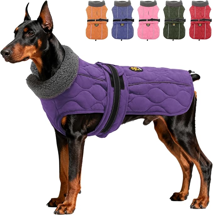 Dog Winter Coat, Adjustable Quilted Dog Snow Jacket with Fleece Lining, Water Resistant Pet Apparel for Cold Weather, Warm Large Doggie Coat with Leash Hole and Reflective Strip, NewPurple L