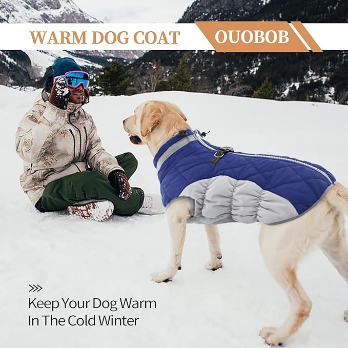 Winter Dog Coat,Large Dog Jacket,Waterproof Pet Jacket with Back Zipper,Pet Coat with Harness Built in,Warm Dogs Coat with Fleece Lined, Snow Jacket Clothes French Bulldog Shiba Inu,Blue,L