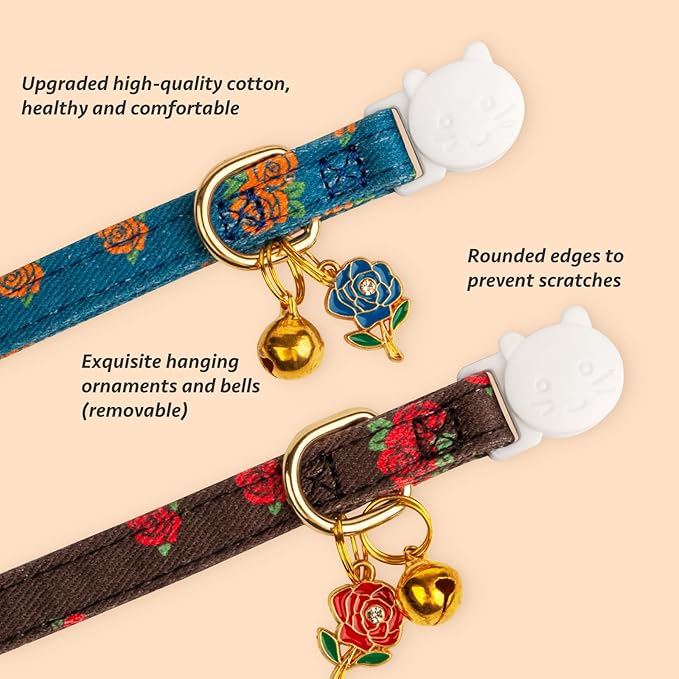 2 Pack Cotton Breakaway Cat Collar Blue and Black Rose Pendant Cute Kitten Cat Collar with Bell