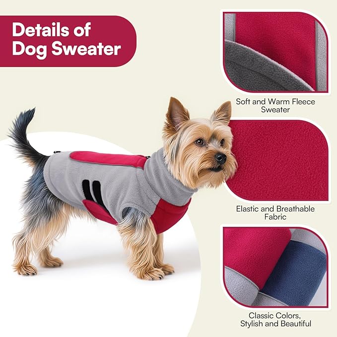 Queenmore Dog Sweater Male Female Dog Christmas Sweater Winter Jacket Coats with Leash Hole for XL Dogs Fleece Dogs Sweaters for Large Pets Collie Pitbull, Red XL
