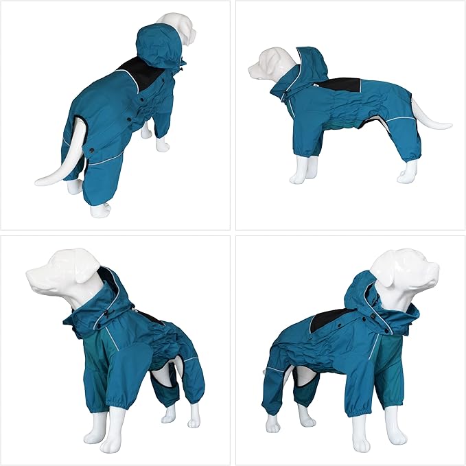 LOVELONGLONG Waterproof Dog Raincoat with Removable Hood – Outdoor Full Body Dog Jacket, Windproof Snowproof Shell Suit – All Season Pet Rain Gear Ocean Teal XL