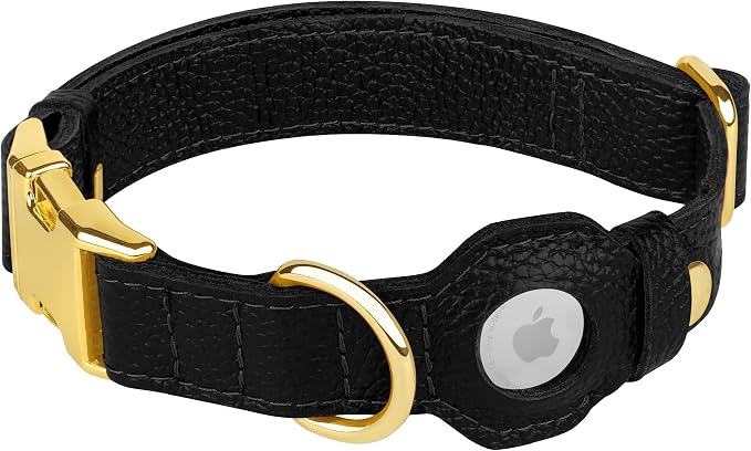 Leather Airtag Dog Collar - Soft Tracking Dog Collar with Apple AirTag Holder and Metal Buckle - Safety GPS Pet Collars for Small Medium Large Dogs Puppy Pink Red (Black, XS, 9"-12" Neck Fit)