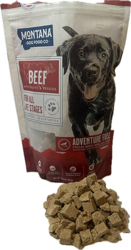 MONTANA DOG FOOD CO. Freeze-Dried Raw Beef Recipe Dog Food – Grain-Free, High-Protein Meal or Topper, Made in USA with USA Ingredients -6.4 oz Bag