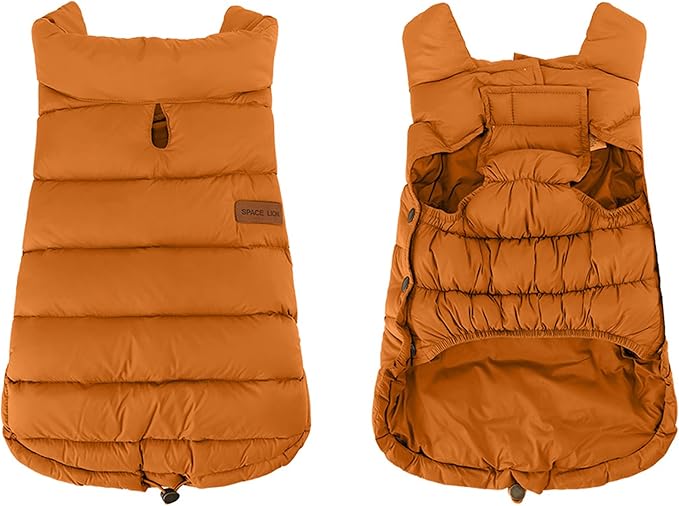SPACE LION Dog Puffer Jacket, Down Winter Coat, Durable Outdoor Coat for Cold and Windy Conditions, Lightweight & Adjustable Fit Coats for Medium & Large Dogs, (Orange, Size 16 Gift Box)