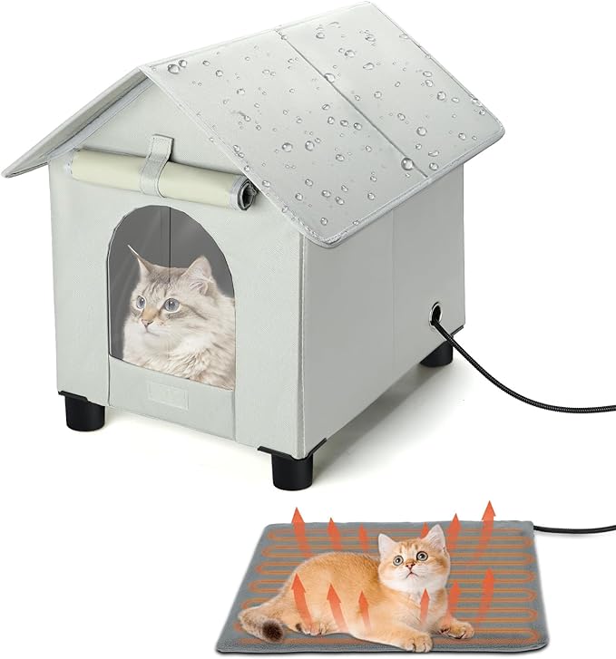 Heated Cat House in Winter Waterproof, Elevated Heated Outdoor Cat House Insulated Outside Feral Cats Houses Shelter with Escape Door for Cats or Small Dogs (Grey, Medium (15.3"x19.3"x18.9"))