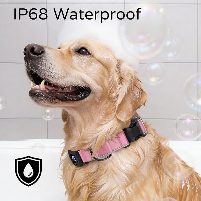 Leather AirTag Dog Collar, Magnetic Buckle, Reflective, Pink L