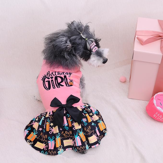 CuteBone Birthday Dog Dresses Velvet Holiday Small Dogs Clothes Onesie Pet Apparel Girl Puppy Skirt with Bow Hair Rope CVA48M-D