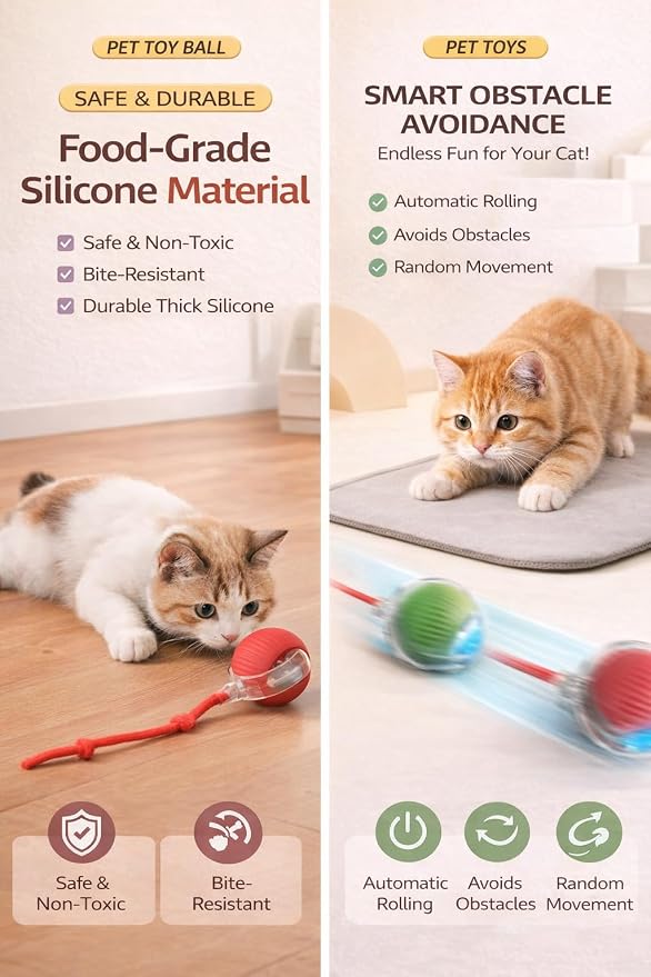 Interactive Rolling Cat Ball Toy with String, Motion Activated Automatic Cat Toy, USB Type C Rechargeable LED Light Pet Toy for Indoor Cats (Green)