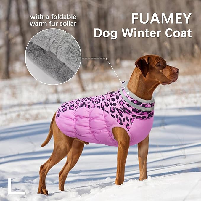 FUAMEY Dog Coat for Small Dogs,Waterproof Dog Winter Jacket with Harness Built in Puppy Cold Weather Coats Reflective Pet Vest with Zipper Warm Fleece Dogs Snowsuit Windproof Pink Leopard XS
