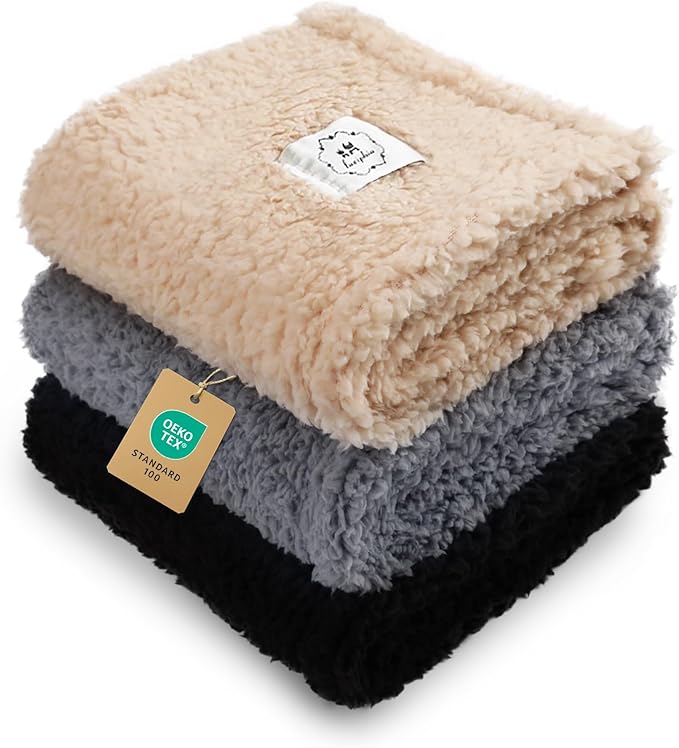 1 Pack 3 Calming Blankets Fluffy Premium Fleece Pet Blanket Soft Sherpa Throw for Dog Puppy Cat Beige/Black/Grey Small (23" x16'')