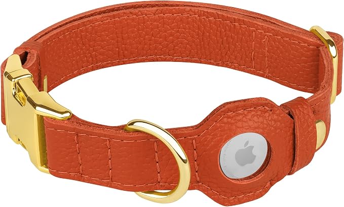 Leather Airtag Dog Collar - Soft Tracking Dog Collar with Apple AirTag Holder and Metal Buckle - Safety GPS Pet Collars for Small Medium Large Dogs Puppy Pink Red (Orange, S, 12"-15" Neck Fit)