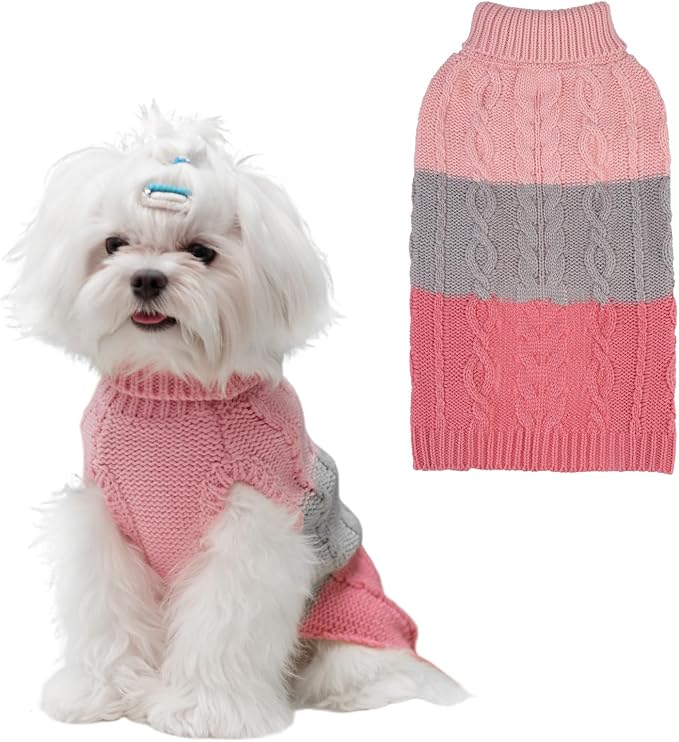 EXPAWLORER Dog Sweater with Leash Hole - Large Dogs Fall Sweaters for Girls Boys,Classic Turtleneck Knitwear Dog Clothes for Cold Weather, Cable Knit Dogs Outfit,Coat,Pet Apparel(Pink&Grey,L)