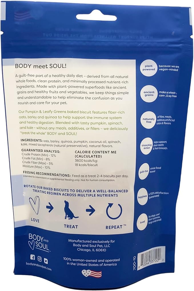 Body and Soul Pumpkin + Leafy Greens Crunchy Dog Treats – Superfood Biscuits Baked with Oats, Barley & Quinoa – All-Natural Plant Based Clean Protein, No Additives or Fillers – Made in USA, 10oz