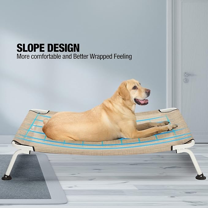 Veehoo Elevated Dog Bed for Outdoor, Cooling Waterproof Raised Dog Cots Beds XL, Curved Off Ground Pet Hammock Cot Lifted for Outside, up to 150lbs, White Legs, Beige 49"