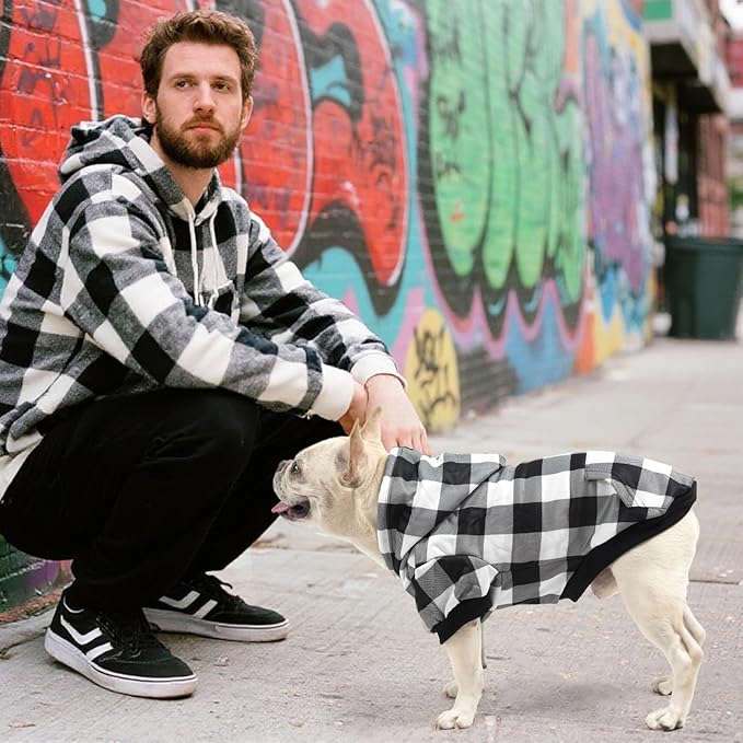 KOOLTAIL Plaid Dog Hoodie Pet Clothes Sweater with Hat and Pocket for Small Medium Large Size Dogs, Soft Winter Warm Dog Cold Weather Coat, Fleece Fall Dog Hooded Sweatshirt for Puppy Cats, White SM