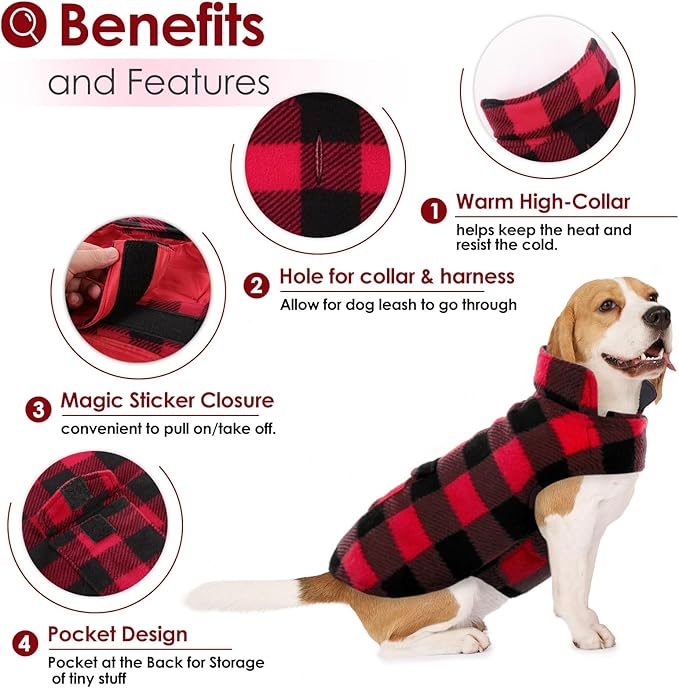 AOFITEE Dog Coat Plaid Dog Winter Coat for Small Dogs, Warm Dogs Jacket Christmas Sweater, Waterproof Pet Puffer Jacket, Reversible Pet Cold Weather Coats for Small Medium Large Pets, Red L