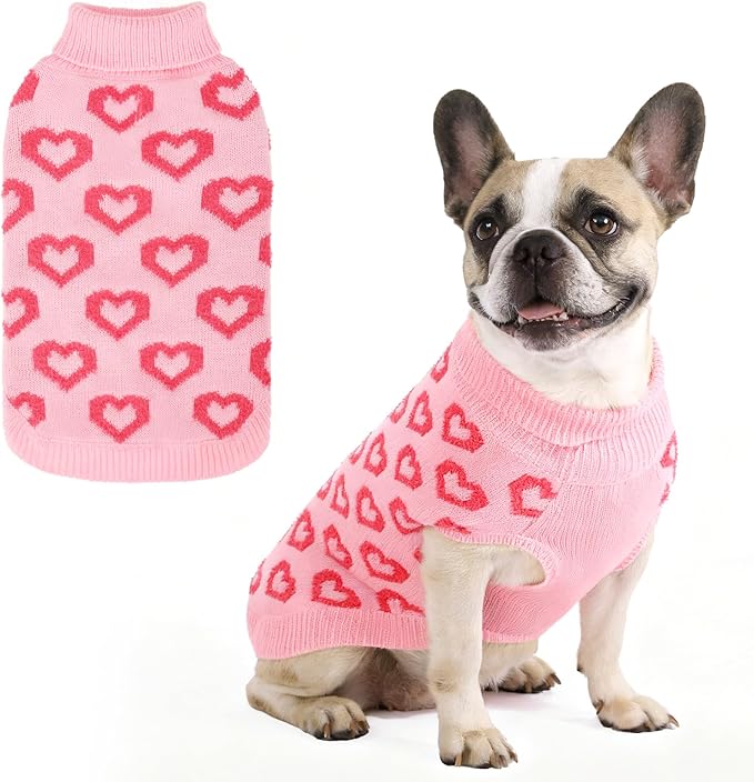 KOOLTAIL Valentine's Day Dog Sweater, Cold Weather Dogs Knitted Sweater Turtleneck Pullover, Pet Sweater with Heart Pattern, Warm Winter Clothes for Small Medium Large Dogs Cat Boy Girl, Pink M