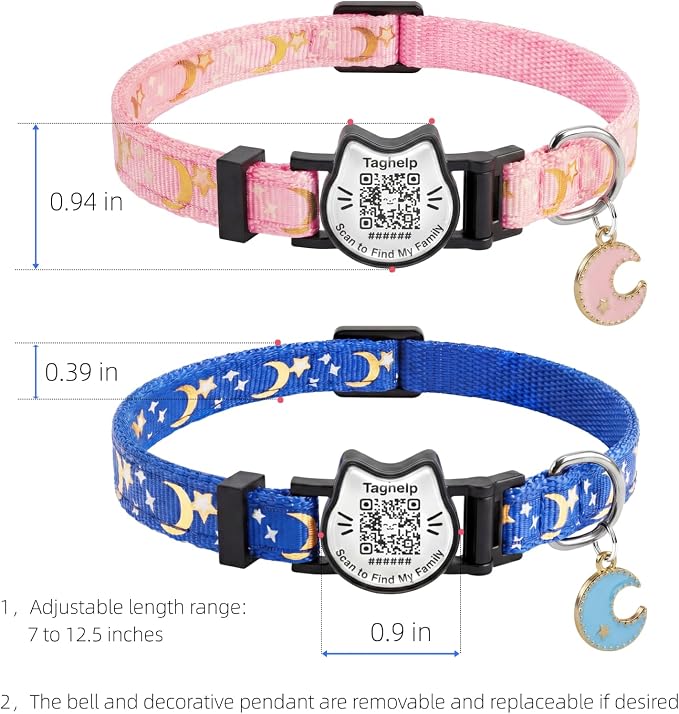 Star and Moon QR Code Cat Collar - Breakaway Safety Reflective Collar with Custom Engraved Tag, Adjustable Personalized Kitten Collar for Pet Tracking & Contact Info, Includes & Secure Buckle(Pink)