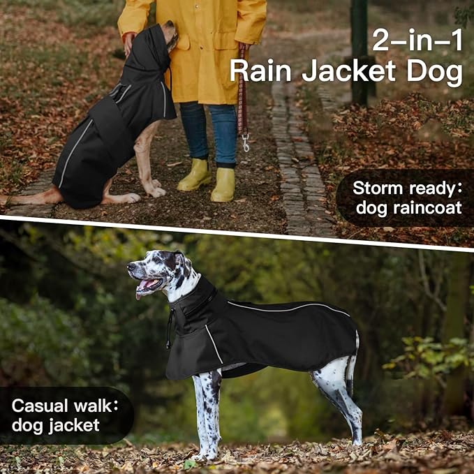 Waterproof Windproof Dog Raincoat with Full Body Coverage, Reflective Adjustable Hooded Jacket, Easy on Lightweight Dog Rain Coat for Large Dogs Poncho Breathable (Black, XXXXL)
