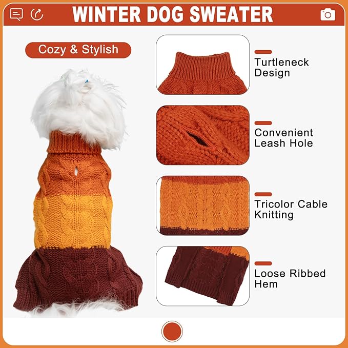EXPAWLORER Dog Sweater - Small Dogs Fall Sweaters for Girls Boys,Classic Turtleneck Knitwear Dog Clothes for Cold Weather, Cable Knit Dogs Outfit,Coat,Pet Apparel (Orange,Medium)