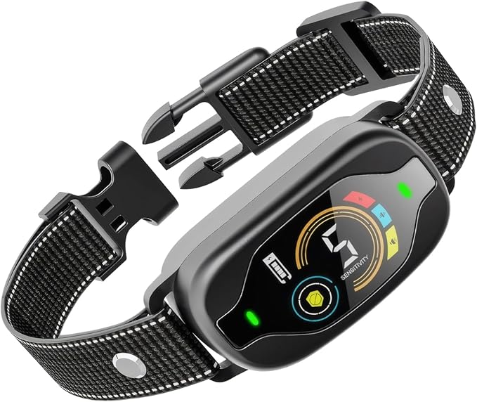 Rechargeable Smart Bark Collar with Color Display, 25 in / / 63.5 cm Reflective Nylon Strap, 5 Sensitivity Levels, Waterproof Anti Barking Device Dogs, Black