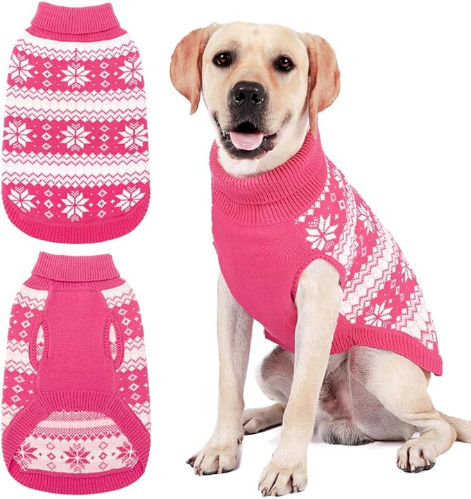 KOOLTAIL Cable Knit Dog Sweater Turtleneck, Cold Weather Pullover Classic Knitwear, Snowflake Pattern Thick Warm Winter Pet Clothes, Dog Christmas Sweater for Small Medium Large Dogs Girl, Pink L