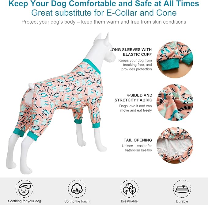 LovinPet Pitbull Dog Pjs for Large Dogs, Pet Anxiety Relief Pajamas, Sun Protection Dog Shirt Comfy Stretchy Fabric, Pastel Lemur Print, Pajamas for Pitbulls, Pitbull Party Clothes, Medium