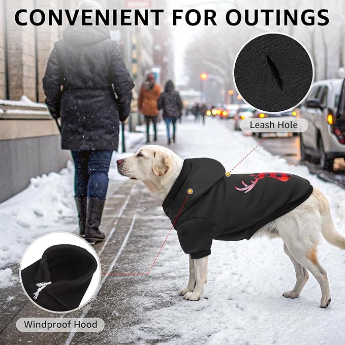 SCENEREAL Christmas Dog Hoodie with Leash Hole, Warm & Soft Fleece Pet Sweater & Sweatshirt for Small Medium Large Dogs, Xmas Elk Print Pets Clothes Cold Weather Costume, XS