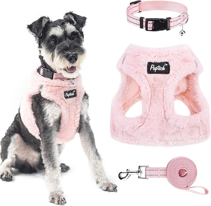 PUPTECK Adjustable Dog Harness Collar and Leash Set Step in No Pull Pet Harness for Small Medium Dogs Puppy and Cats Outdoor Walking Running, Soft Mesh Padded Reflective Vest Harnesses, Plush Pink S