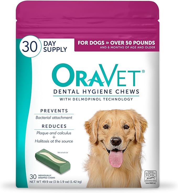ORAVET Dental Chews for Dogs, Oral Care and Hygiene Chews (Large Dogs, Over 50 lbs.) Pink Pouch, 30 Count (Pack of 1)