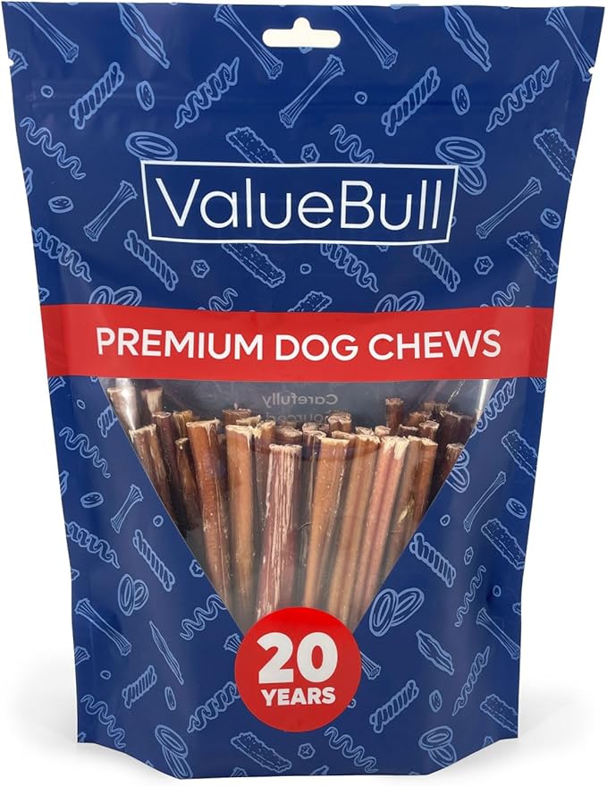 ValueBull Bully Sticks for Small Dogs, Extra Thin 6 Inch, 50 Count - All Natural, Grass Fed, Single Ingredient, Long Lasting Dog Treats
