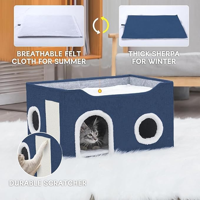 Gosipeya Cat House for Indoor Cats – Foldable Cat Cave & Covered Cat Bed, Cozy Hideaway for Small Pets and Large Cats (23.6"x16"x12.8"),Navy Blue