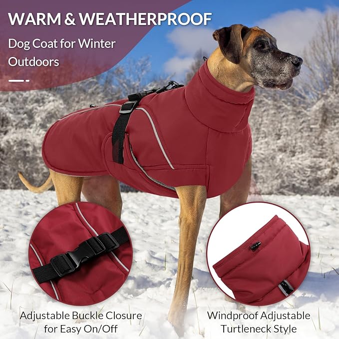 Queenmore Medium Dog Coat, Winter Dog Jacket, Waterproof Puffy Dog Snowsuit, Adjustable Reflective Fleece Lining Warm Padding Parka for Cold Weather, Red M